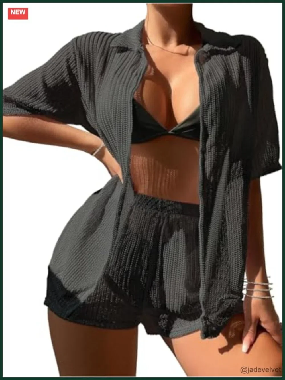 Crochet 2 Piece Beach Cover Up Set Swimsuit Cardigan Shorts Women